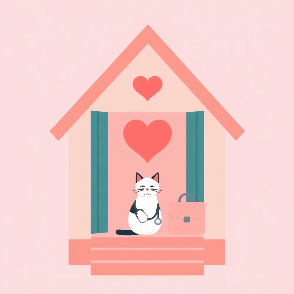Ilustración: una casa con una ventana en forma de corazón, un gato en la puerta y un maletín veterinario